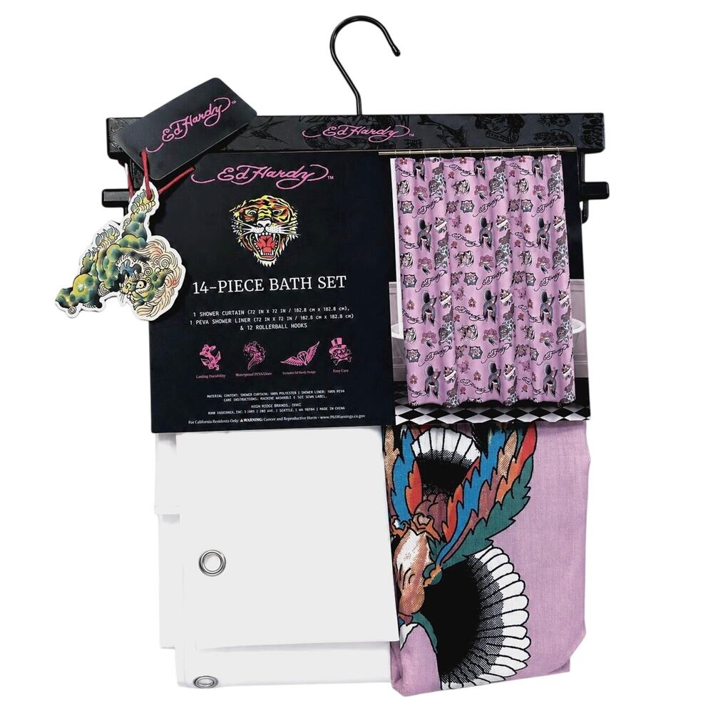 NWT! ED HARDY 14 - PIECE SHOWER CURTAIN - LIGHT PURPLE - 72 x 72
